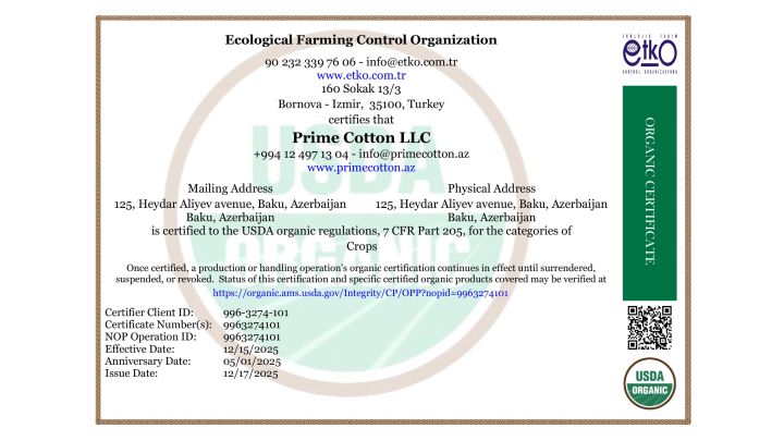 Azərbaycan pambıq sektorunda tarixi ilk: Prime Cotton USDA NOP Orqanik Sertifikatını əldə edən ilk şirkət oldu